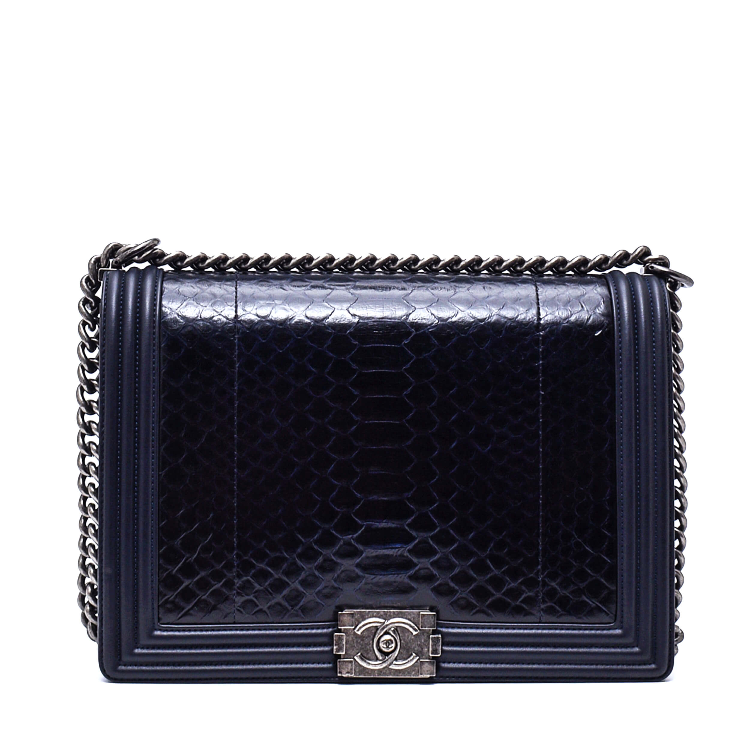 Chanel - Black & Navy Python Leather Large Le Boy Bag